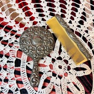 Antique small hand mirror and comb‎ set